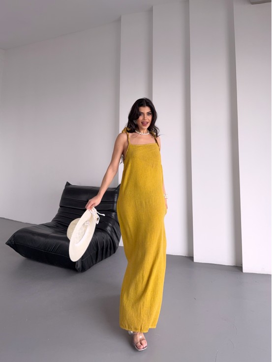 Hardal Sarısı Keten Örgü Elbise