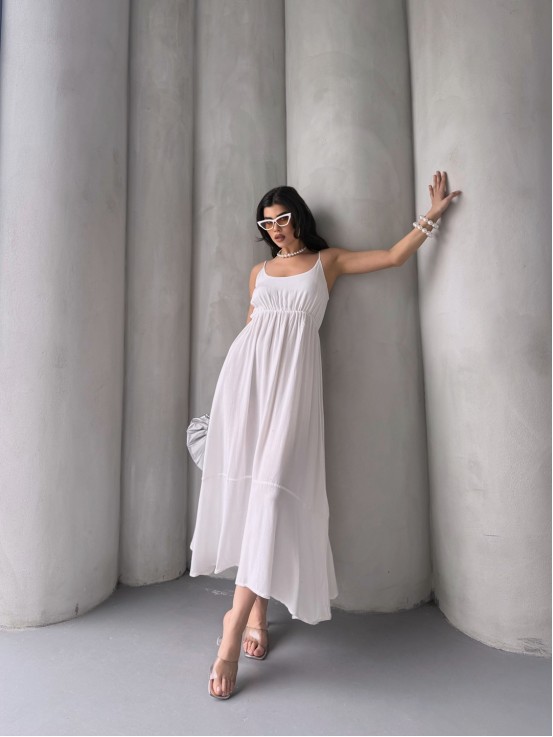 Samyeli Esintili Askılı Beyaz Elbise
