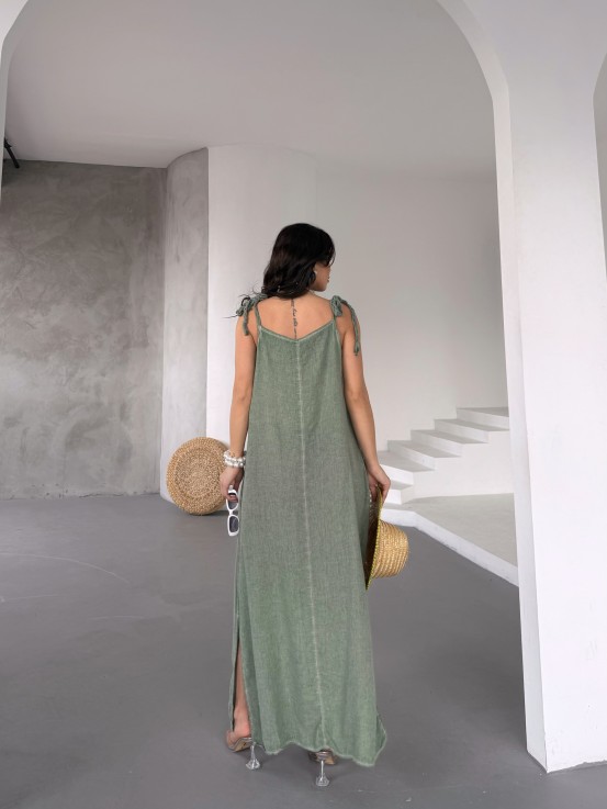 Mint Yeşili Keten Örgü Elbise