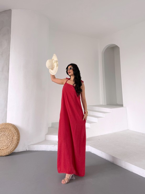 Nar Çiçeği Keten Örgü Elbise