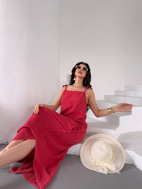 Nar Çiçeği Keten Örgü Elbise