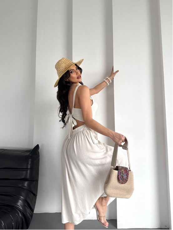 Şerit Askılı Arkadan Bağlamalı Keten Elbise Şerit Askılı Arkadan Bağlamalı Keten Elbise