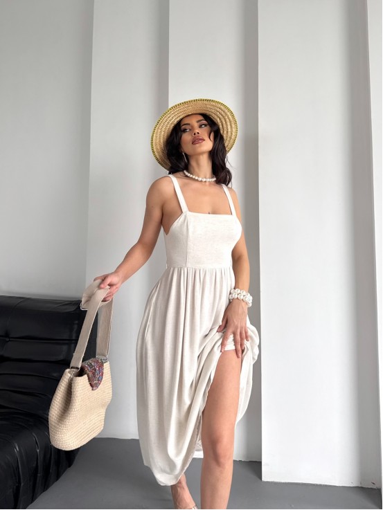 Şerit Askılı Arkadan Bağlamalı Keten Elbise