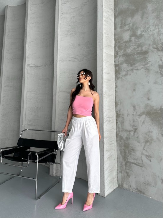 Flexible Bel Lastikli Keten Beyaz Pantolon