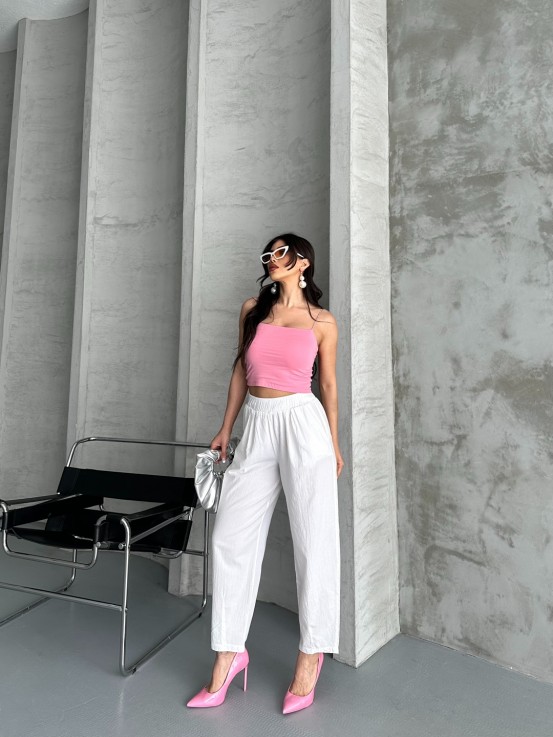 Flexible Bel Lastikli Keten Beyaz Pantolon