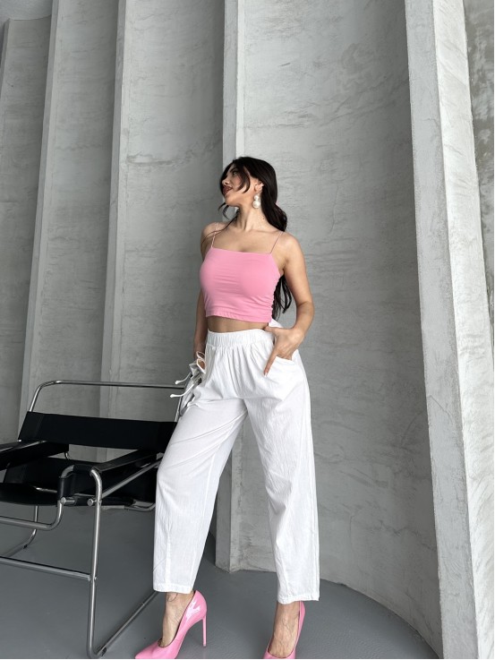 Flexible Bel Lastikli Keten Beyaz Pantolon Flexible Bel Lastikli Keten Beyaz Pantolon