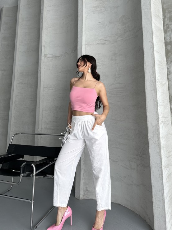 Flexible Bel Lastikli Keten Beyaz Pantolon