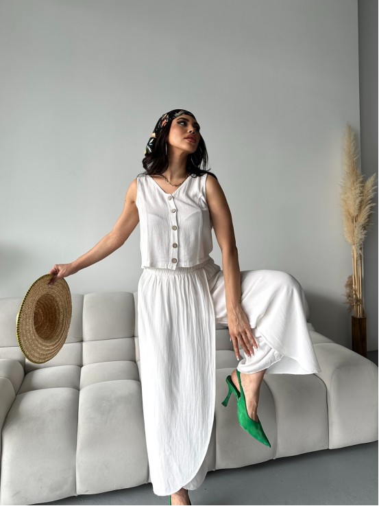 Keten Beyaz Wooden Button Takım