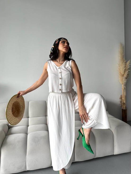 Keten Beyaz Wooden Button Takım