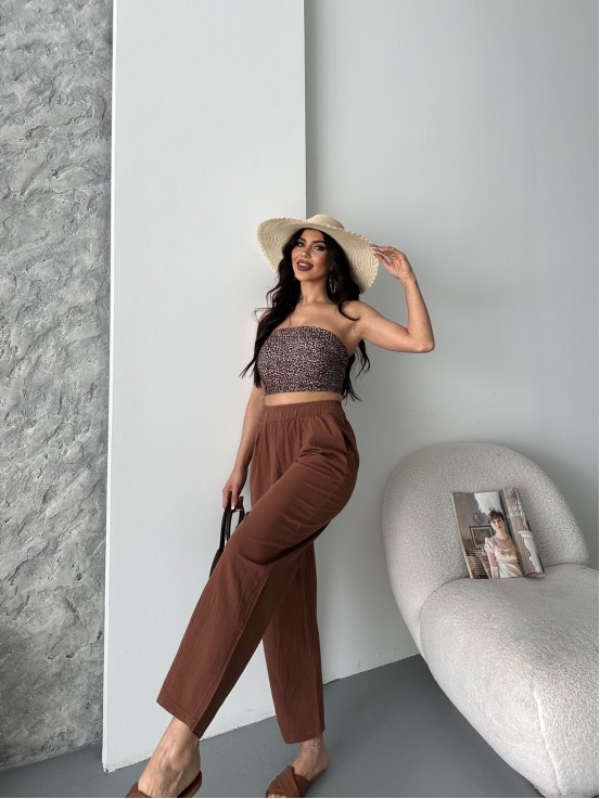Flexible Bel Lastikli Keten Kakao Pantolon