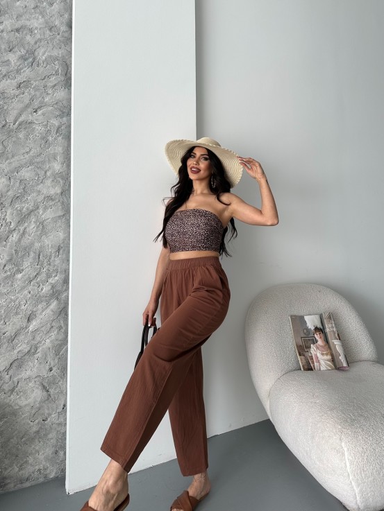 Flexible Bel Lastikli Keten Kakao Pantolon