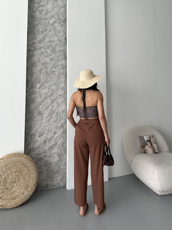 Flexible Bel Lastikli Keten Kakao Pantolon