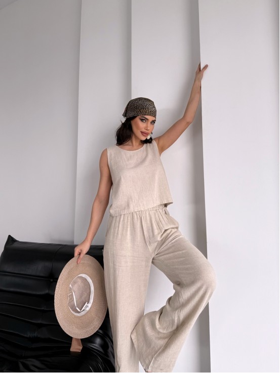 Arkadan Düğmeli Keten Helen Plain Takım