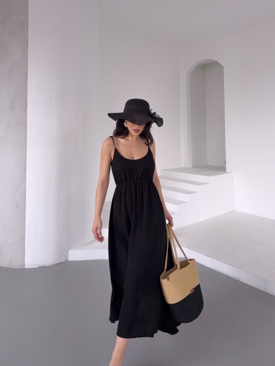 Siyah Kuğu Askılı Siyah Elbise