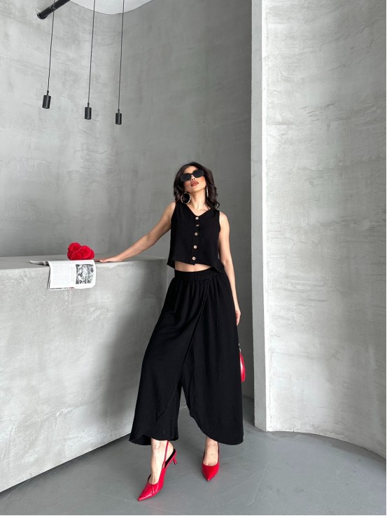 Keten Siyah Wooden Button Takım Keten Siyah Wooden Button Takım